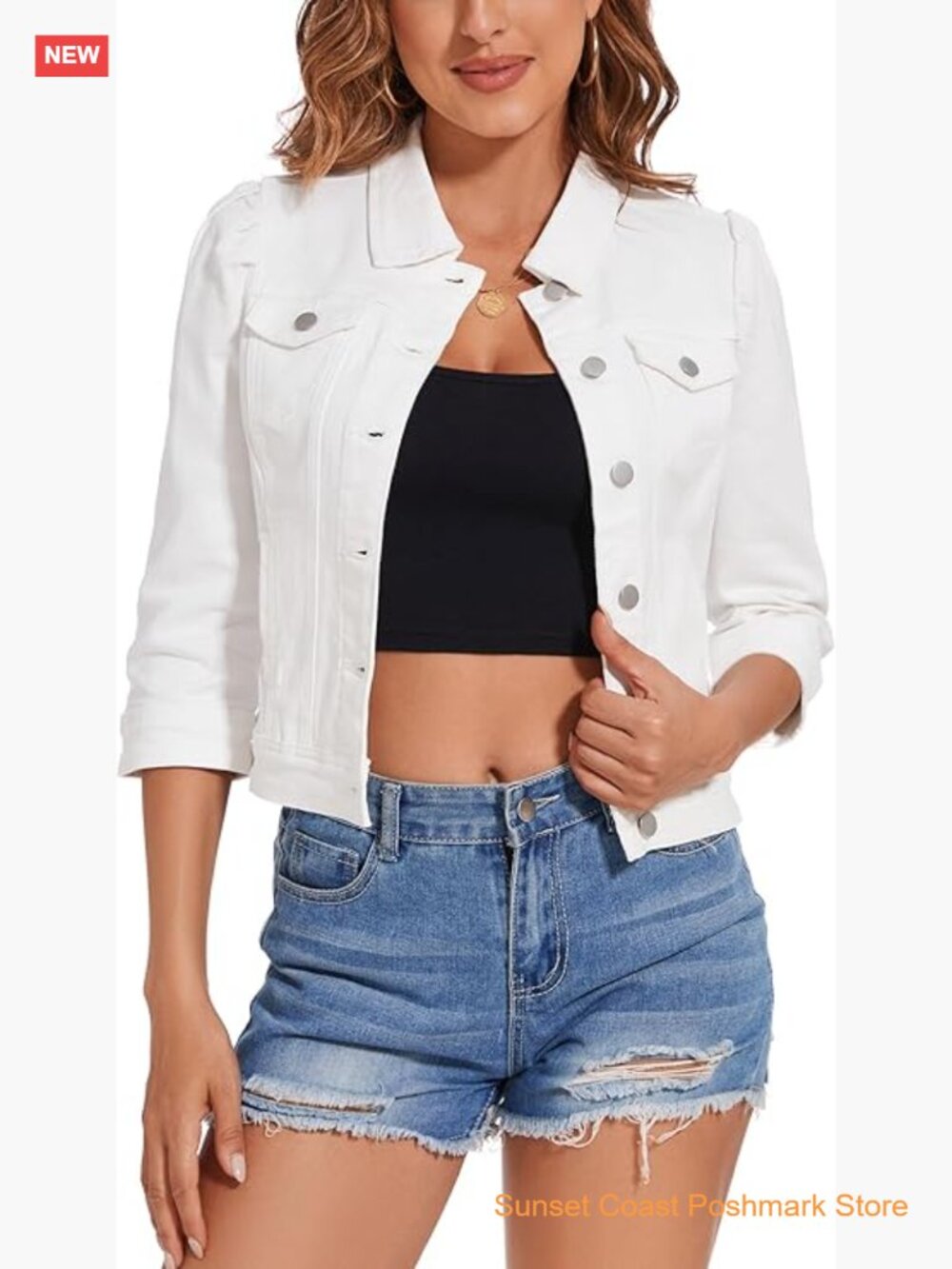 Cropped Denim Jacket Stretchy 3/4 Puff Sleeve Distressed with Pockets